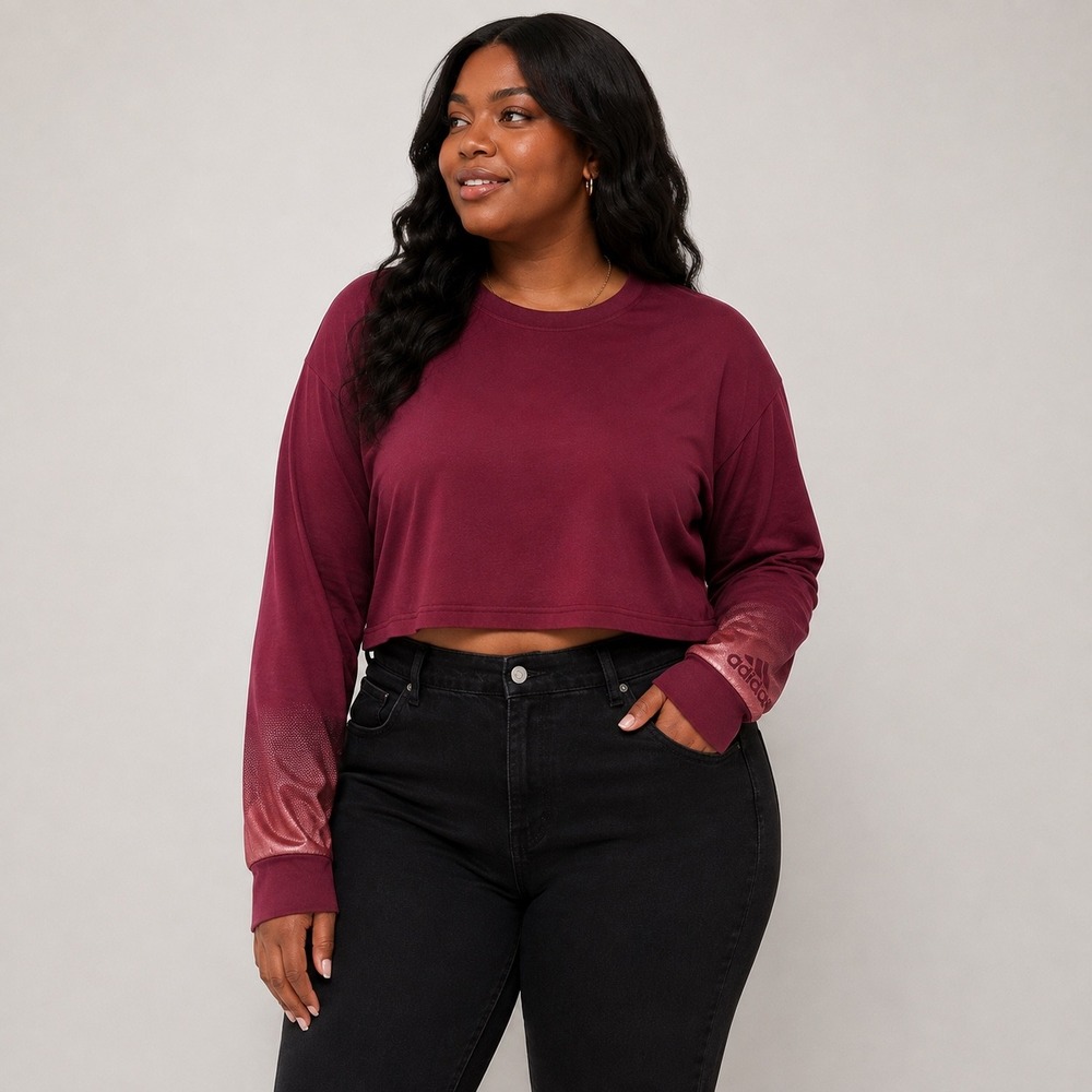 Adidas Victory Crimson Metallic Graphic Long Sleeve Crop Top 2X HLDY GFX LS IN